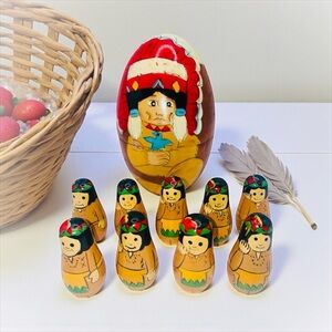 Vintage Hand-Painted Native American Nesting Doll Set,Wooden Tribal Figures 10pc